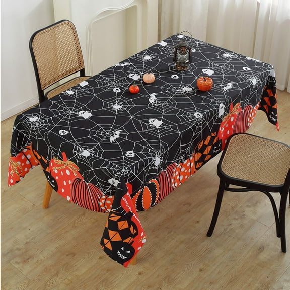 Qiweii Halloween Tablecloth Rectangular, Jack-O-Lantern Pumpkin Cobweb Scary Themed Black Washable Table Cover for Party Picnic Dinner Decor