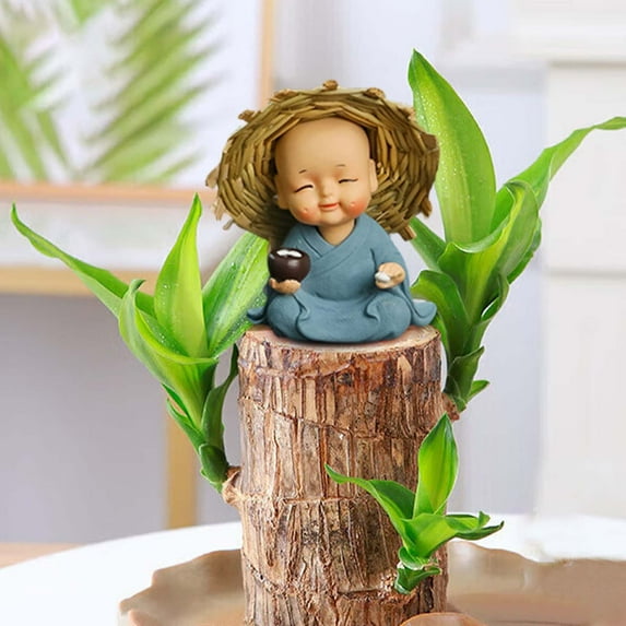 Qiweii Hydroponic Brazilian Lucky Wood Potted Plant with Monk Figurine,Greenery Ornament for Home Desktop and Living Room Decor,Home Gardening Accessory