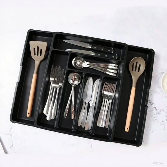 Qiweii Large Silverware Drawer Organizer, Expandable From 18 to 28 Inches, BPA Free Plastic Utensil Tray for Kitchen, Adjustable Flatware and Cutlery Holder for Spoons Forks Knives