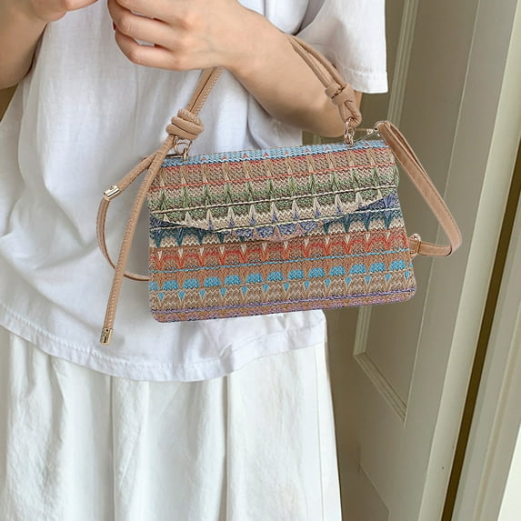 Qiweii Mini Color Block Stripe Straw Woven Bag,Stylish Single Shoulder Crossbody Handbag for Daily Use,Fashion Accessory