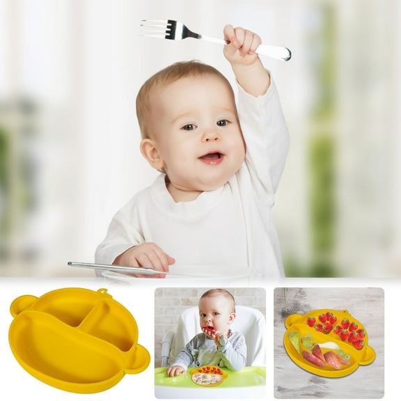 Qiweii Monkey Shape Divided Silicone Dinner Plate Non Slip Suction Bowl for Food
