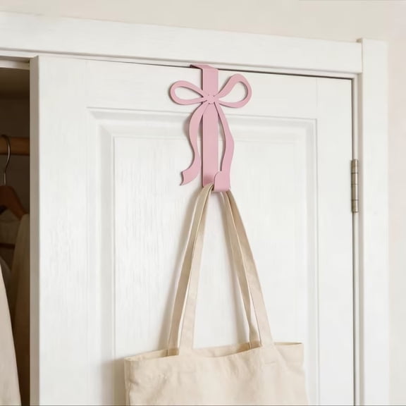 Qiweii Pink Bow Design Metal Over The Door Hook,Decorative Hanger for Bedroom Living Room Bathroom Cabinet Use Bag Coat Storage and Home Accent