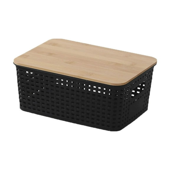 Qiweii Plastic Storage Basket with Bamboo Lid Airtight Seal Design Stackable Organizer for Pantry Kitchen Snack and Household Item Storage
