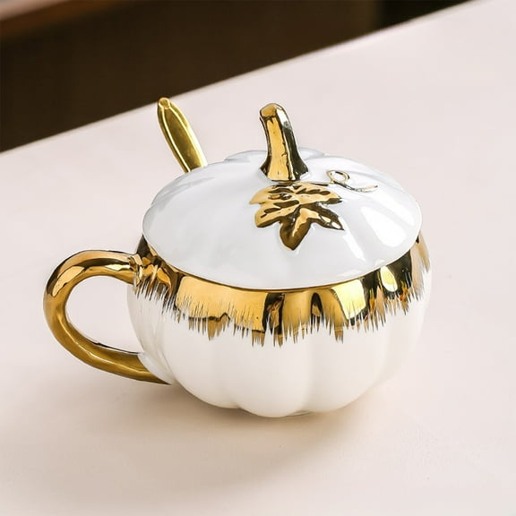 Qiweii Pumpkin Shaped Ceramic Mug, Pumpkin Themed Coffee Cup with Lid and Saucer, Giftable Halloween Drinkware Set, Cute Ghost Pattern Tea Cup for Halloween Gifts