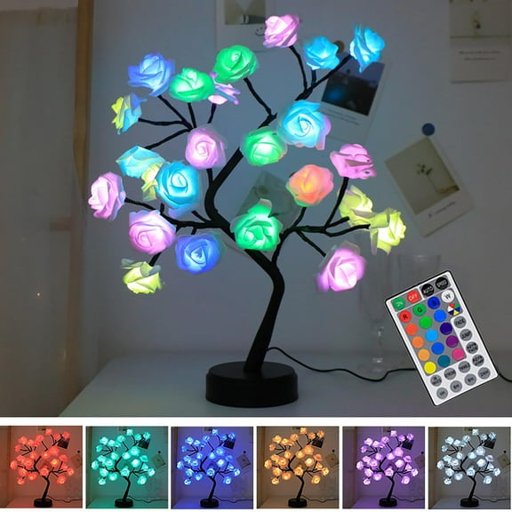 Qiweii Removable Screen Valentine's Christmas RGB LED Rose Tree Lamp Simulation Romantic Table Lamp for Bedroom