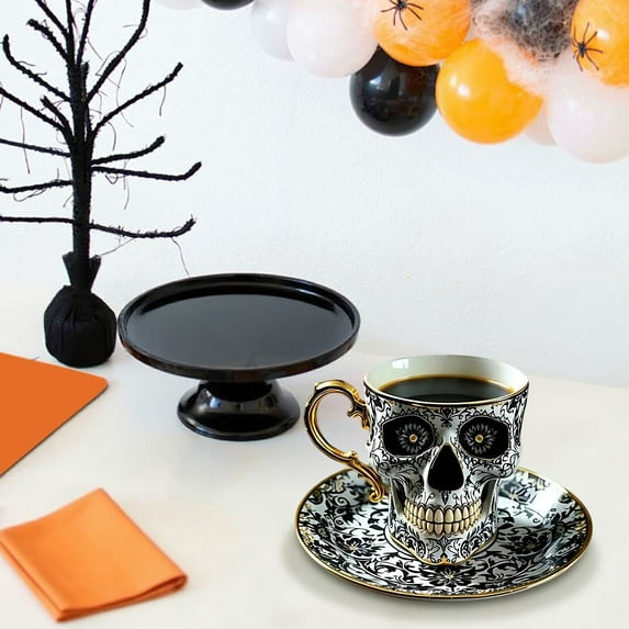 Qiweii Royal Skull Coffee Mug, Skull Coffee Cup With Saucer Set, Gothic Porcelain Tea Cup With Gold Trim, SkullCoffee Mug Halloween Gifts, Great For Coffee Lovers And Collectors