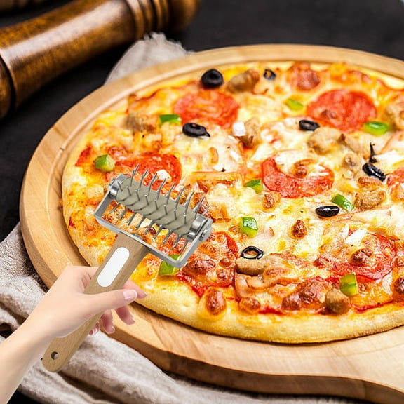 Qiweii Stainless Steel Pizza Making Tool Set, Raised Wood Rolling Pin, Household Bread Pizza Perforator Mesh and Pulling Knife