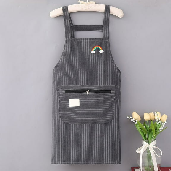 Qiweii Striped Cotton Linen Kitchen Apron with Zipper Pocket,Stain Resistant Breathable Bib for Cooking and Catering 3 Colors Available,Home Kitchen Accessory