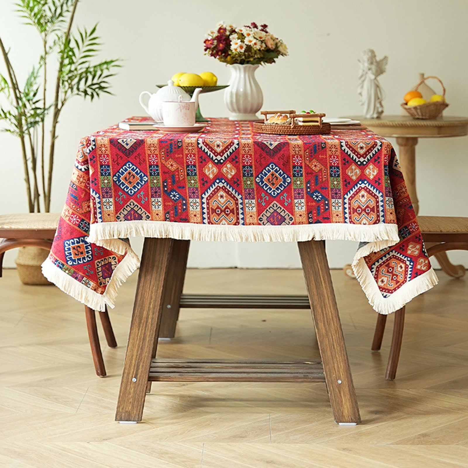 Qiweii Vintage Woven Color Block Fabric Table Cover，Bohemian Style ...