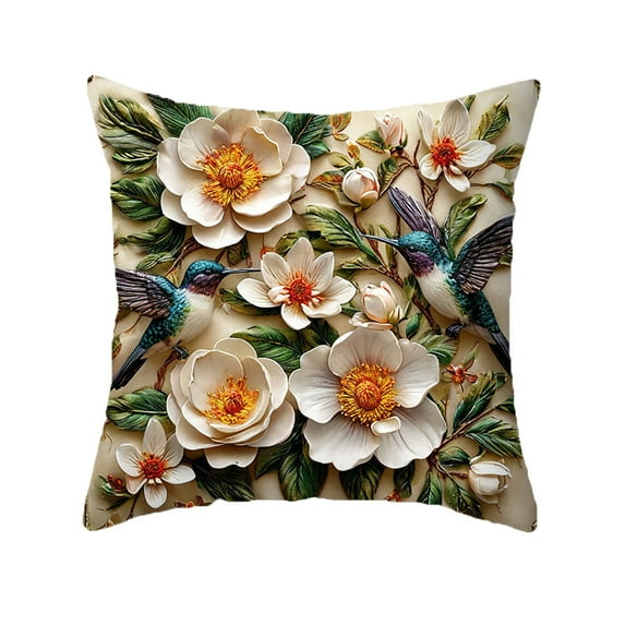 Qiweii Vintage floral bird printed pillow cover，faux embroidered decorative cushion cover，living room sofa home decor accessory
