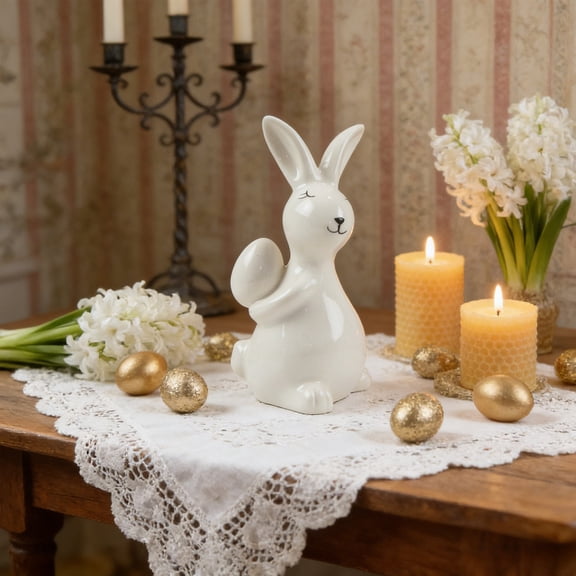 Qiweii White Ceramic Spring Festival Figurine with Egg Accent for Tabletop Decor,Festive Craft Ornament for Home Display Shelf Accent Holiday Collection and Seasonal Decoration