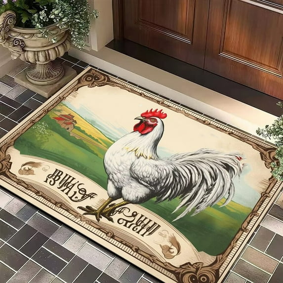 Qiweii White Chicken Pattern Crystal Velvet Bath Mat, Super Absorbent Non-Slip Bathroom Rug, Home Bath Decor Accent