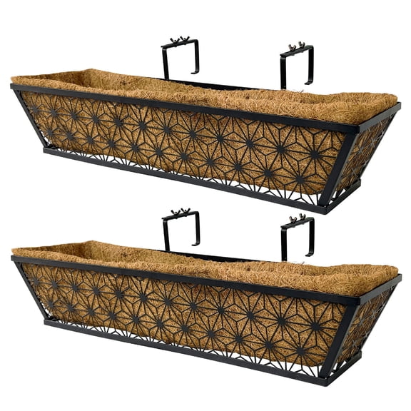 Qiyester 2 Rectangular Iron Frame Coconut Fiber Flower Baskets, 24 Inch Balcony/Window Sill Railing Flower Baskets with Adjustable Stands, Suitable for Garden and Home Decoration, Black