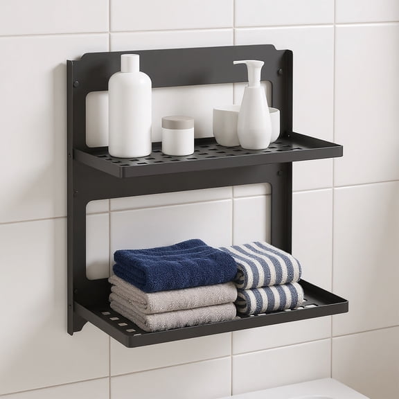 Qiyester 2-Tier Black Bathroom Wall-Mounted Storage Rack, 2-Layer Folding Metal Snack Rack Suitable for Bathrooms, Kitchens, Laundry Rooms, RVs (Black)
