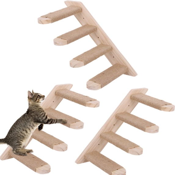 Qiyester 3 Pack Cat Wall Steps Wooden Pet Stairs Kitten Climbing Steps with Sisal Rope