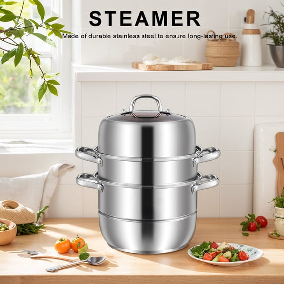 Qiyester 3-Tier Steamer Pot Stainless Steel Steaming Cooker Multipurpose Cookware with Lid Handle for Vegetable, Dumpling, Stock, Sauce, Food 11 inch-W