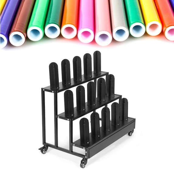 Qiyester 3 Tier Textile Fabric Roll Holder with Lockable Wheels Metal Rolling Vinyl Storage Rack Cart for Car Wrap Film, Wallpaper, Wrapping Paper Rolls, Tablecloth, Curtain