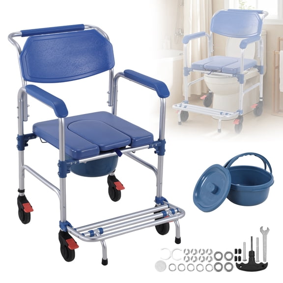 Qiyester 3-in-1 Foldable Caster Shower Chair, Aluminum Alloy Non-Slip Toilet Stool, Home Mobile Chair with Wheels, Suitable for the Elderly, Disabled, and Pregnant Women