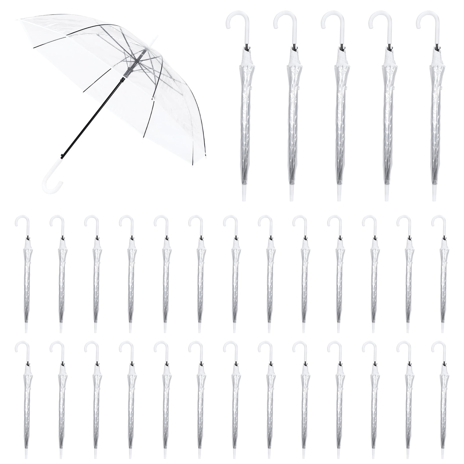 Qiyester 32 Pack Bubble Umbrellas with Dome Canopy Windproof Lightweight J Hook Handle Travel Umbrella for Wedding Outdoor Commute