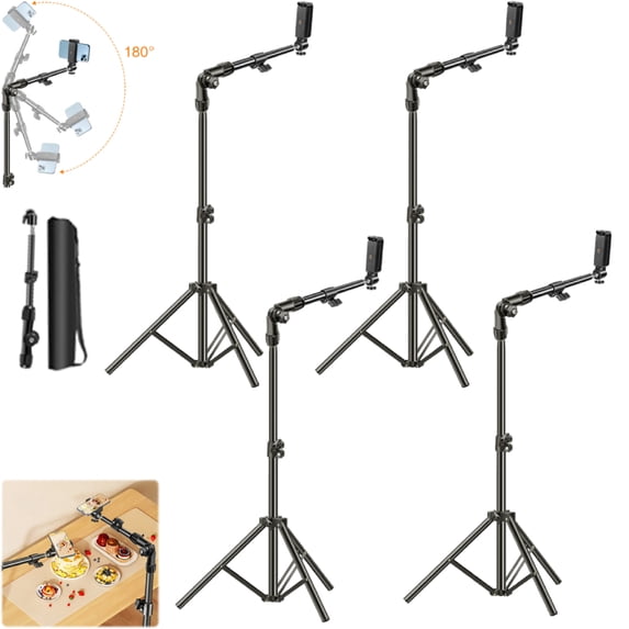 Qiyester 4 Pack Phone Tripod Stand Adjustable Overhead Mount Rack with Flexible Articulating Arm Storage Bag for Live Streaming, Meeting, Cooking