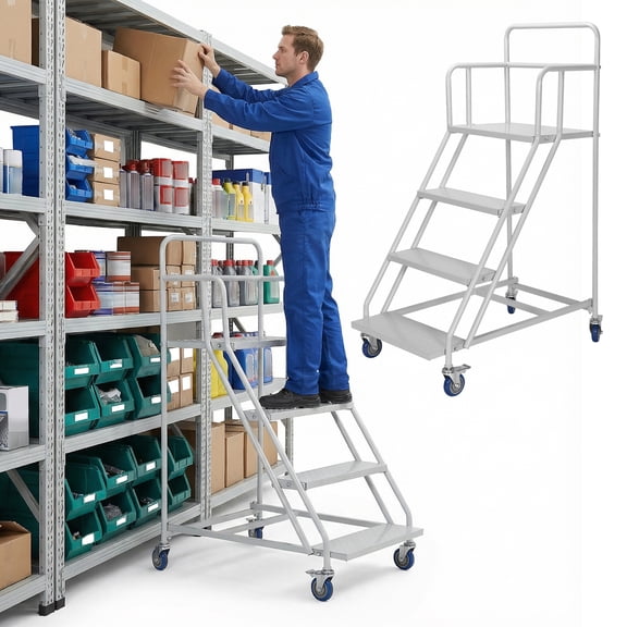 Qiyester 4-Step Rolling Warehouse Ladder with Handrail and Locking Casters, 445 lbs Capacity, Suitable for Supermarket, Libraries, and Storage Rooms