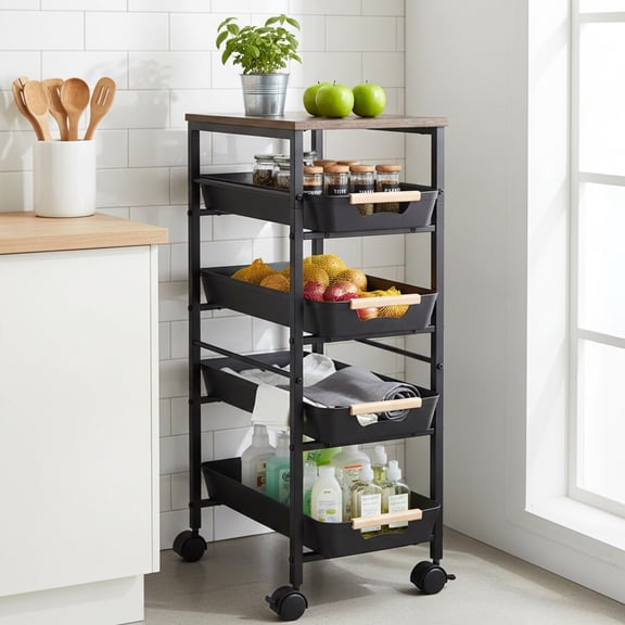 Qiyester 4-Tier Rolling Utility Cart on Wheels with Pull-Out Baskets & Wood Top Movable Narrow Kitchen Snack Storage Organizers (Black)