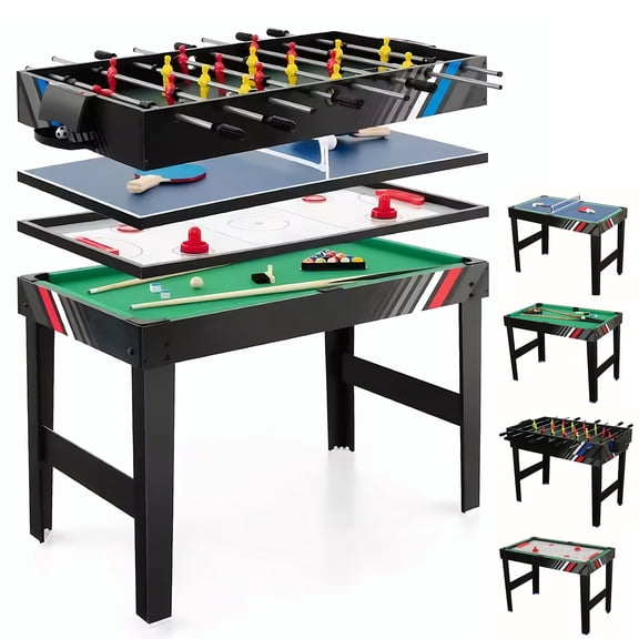 Qiyester 4 in 1 Game Table Multi Combo Gaming Tabletops with Ping Pong, Ice Hockey, Foosball, Pool for Teens Adults Family Games Room