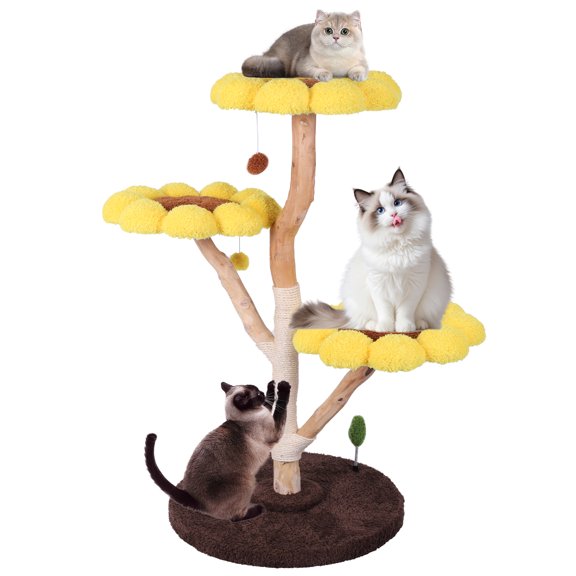 Qiyester 42in Sunflower Cat Tree, Cute Flower-Shaped Cat Bed, Cat Jumping Platform, with Sisal Scratch Posts Non-Slip Pet Climbing Frame, Suitable for All Cats