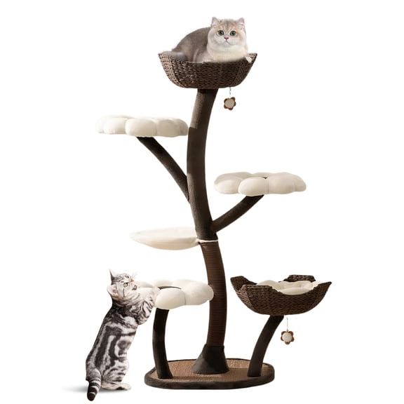 Qiyester 59 In Cat Tree Multi-Level Flower Shape Pet Bed Scratching Post Tower Plush Kittens House Play with Hang Ball