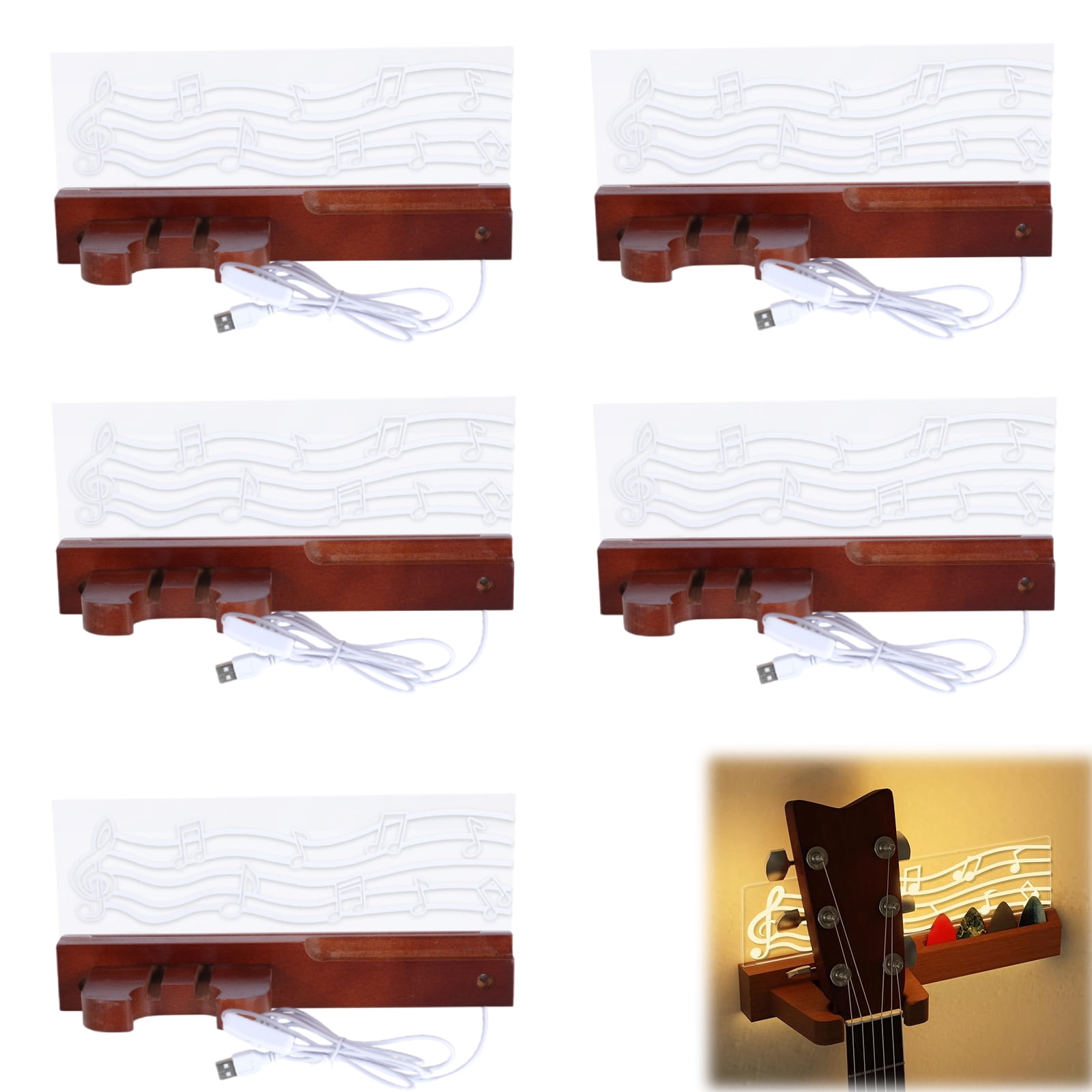 Qiyester 5Pack Guitar Hanger Wall Mount Wooden Bass Stand Instruments Display Shelf with LED Acrylic Pick Holder