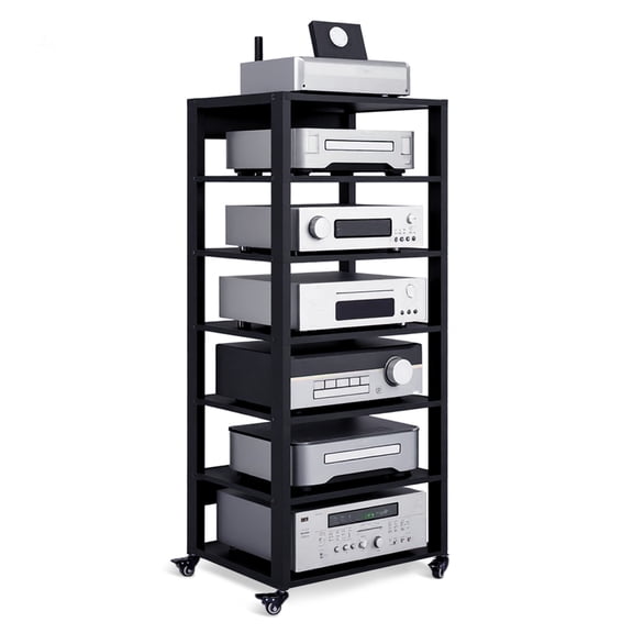 Qiyester 7-Tiers AV Media Stand Audio Rack Tower with Adjustable Shelf Portable Audio-Video Shelving with Wheels for Record Player, DVD, TV Box