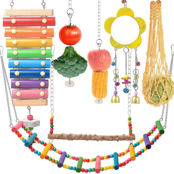 Qiyester 7PCS Chicken Chewing Training Toy Set with Wooden Hanging Feeder and Bell Toy Suitable for Farms