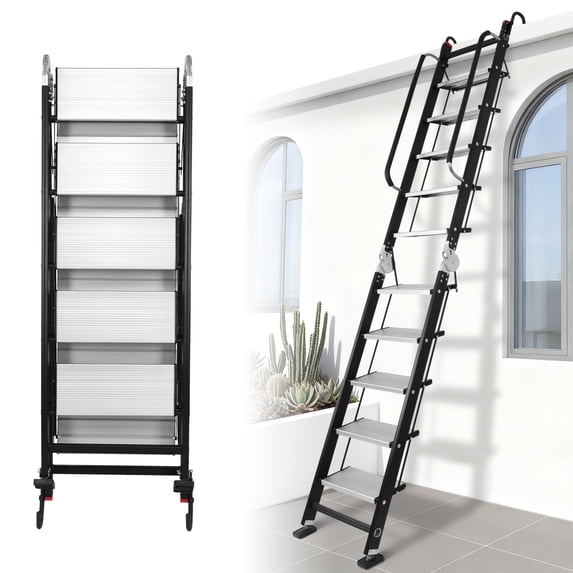 Qiyester Aluminum Loft Stairs Ladder Foldable Portable Anti-Slip Egress Attic Roof Ladders Floor-Mounted Stepladder with Handrails Hooks Load 330 lbs (10 Step)