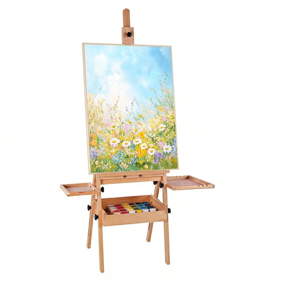 Qiyester Art Easel for Painting Foldable Wood H-Frame Sketching Display Studio Rack with Storage Drawer 2 Trays