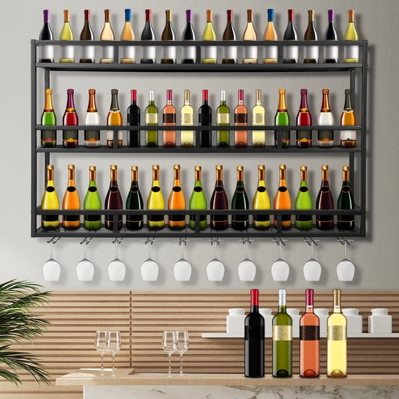 Qiyester BMetal Wine Rack 3-Tier Wall Mounted Industrial Breathable Liquor Hanging Shelf Large Floating Beverages Display Storage with Glass Holder Black 59 inch