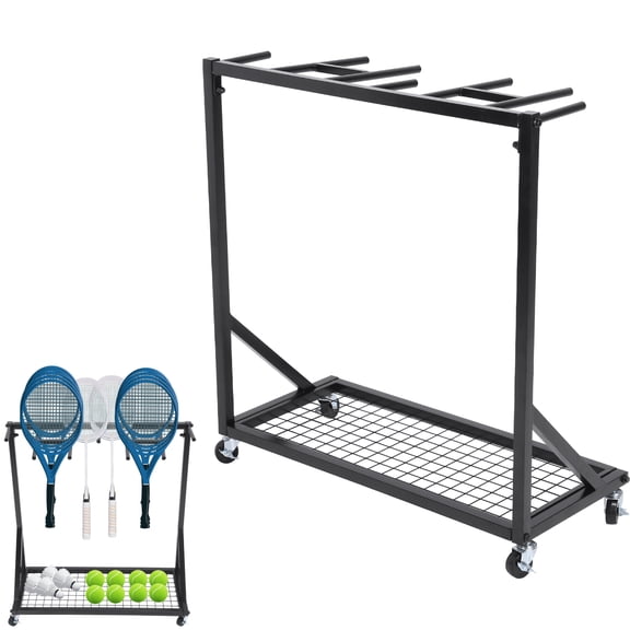 Qiyester Badminton Racquet Storage Rack Portable Freestanding Steel Tennis Racket Organzier Holder for Bags, Balls with 360 Wheels Large Capacity