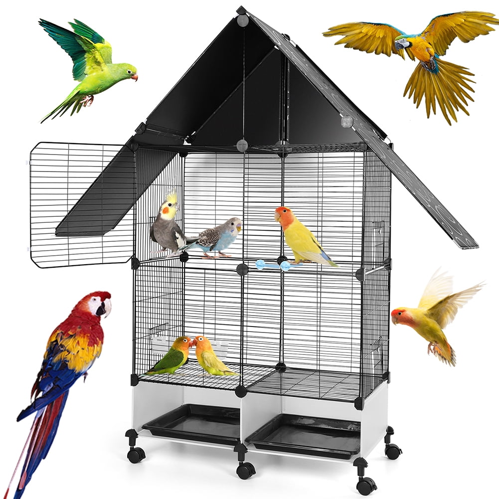 Qiyester Bird Cage Wrought Iron Pet Nest with Rolling Stand with Slide-Out Tray, Water Bottle&Feeder