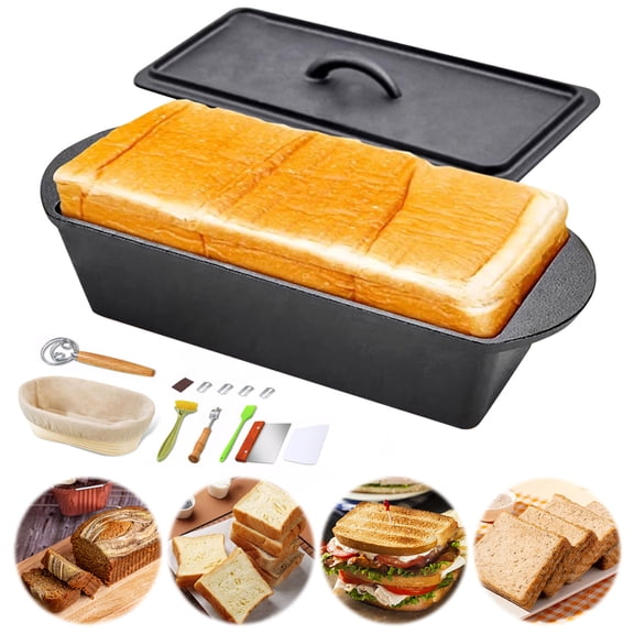 Qiyester Bread Pans Set Cast Iron Loaf Mold with Lid Handles Lame Scoring Tool Lame Kit for Sourdough Homemade Baking Bread