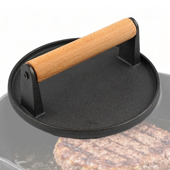 Qiyester Burger Press Cast Iron Bacon Press Meat Steak Pressing Plate With Wood Handle for Stovetop, Griddle, BBQ