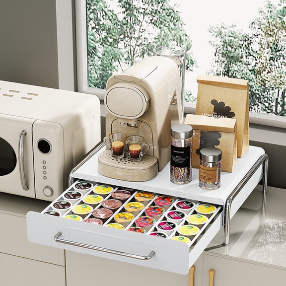 Qiyester Coffee Capsule Organizer - Bar Counter Coffee Machine Base Drawer Shelf Holds Up to 36 Coffee Capsules Suitable for Home Office Countertops, White