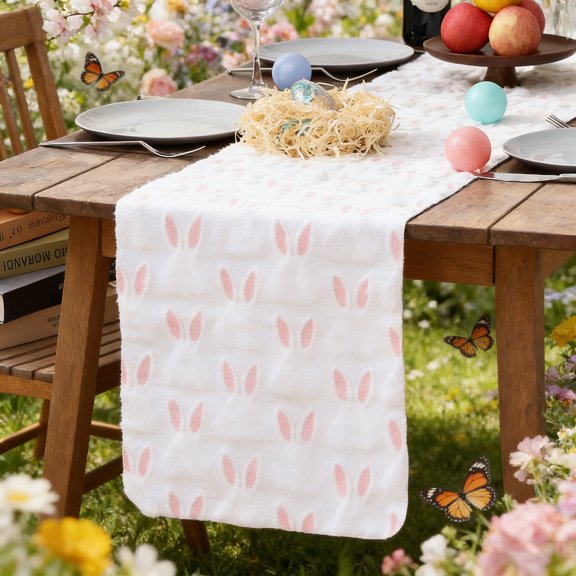 Qiyester Easter Table Runner, Soft and Fluffy Bunny Pattern Table Runner, Spring Floral Fall Kitchen/Table Decor, Suitable for Kitchens, Dining Rooms, Dinner, and Family Gatherings