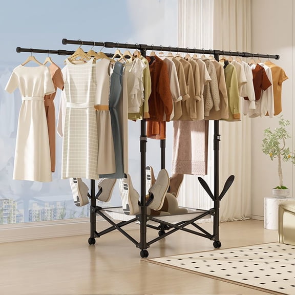 Qiyester Expandable Clothes Drying Rack Collapsible  Steel Laundry Stand with Mesh Shelf Wheels Hooks Shoe Trees 130 lbs Load Capacity No-installation Black