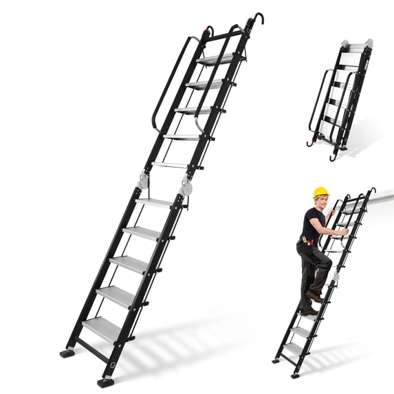 Qiyester Foldable Aluminum Alloy Loft Stairs Ladder 9.5ft Heavy Duty Bunk Bed Ladders with Handrails & Hooks 10 Step Attic Ladder for Small Opening Load 330 Lbs