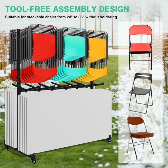 Qiyester Folding Chair Cart 84 Chairs 2 Tier Adjustable Height Heavy-Duty Table Display Shelves Storage Dolly with Locking Rubber Wheels Suitable for from 24 to 36 inches Stackable Chairs
