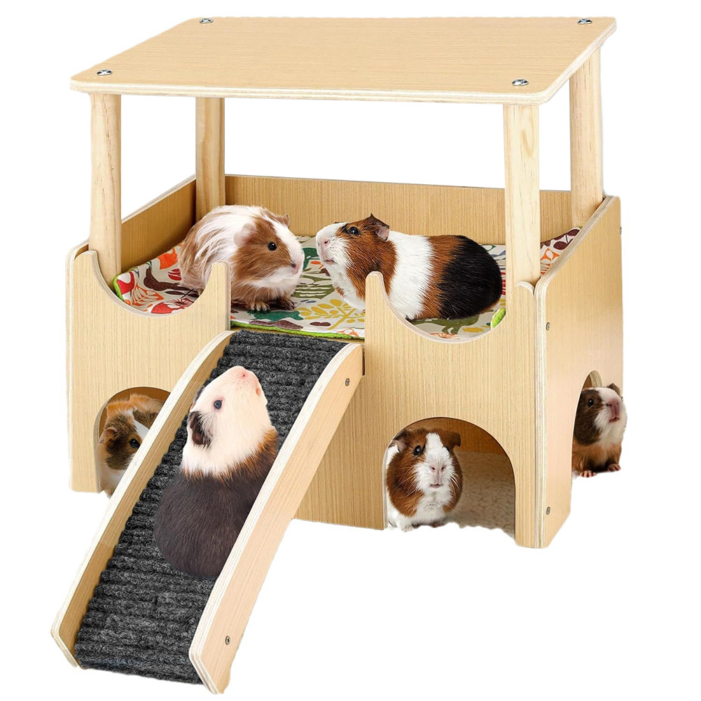 Qiyester Guinea Pig Castle Wooden Hamster House Animal  Hideout Habitat with Stairs for Chinchilla Hedgehog Rabbit Bunny