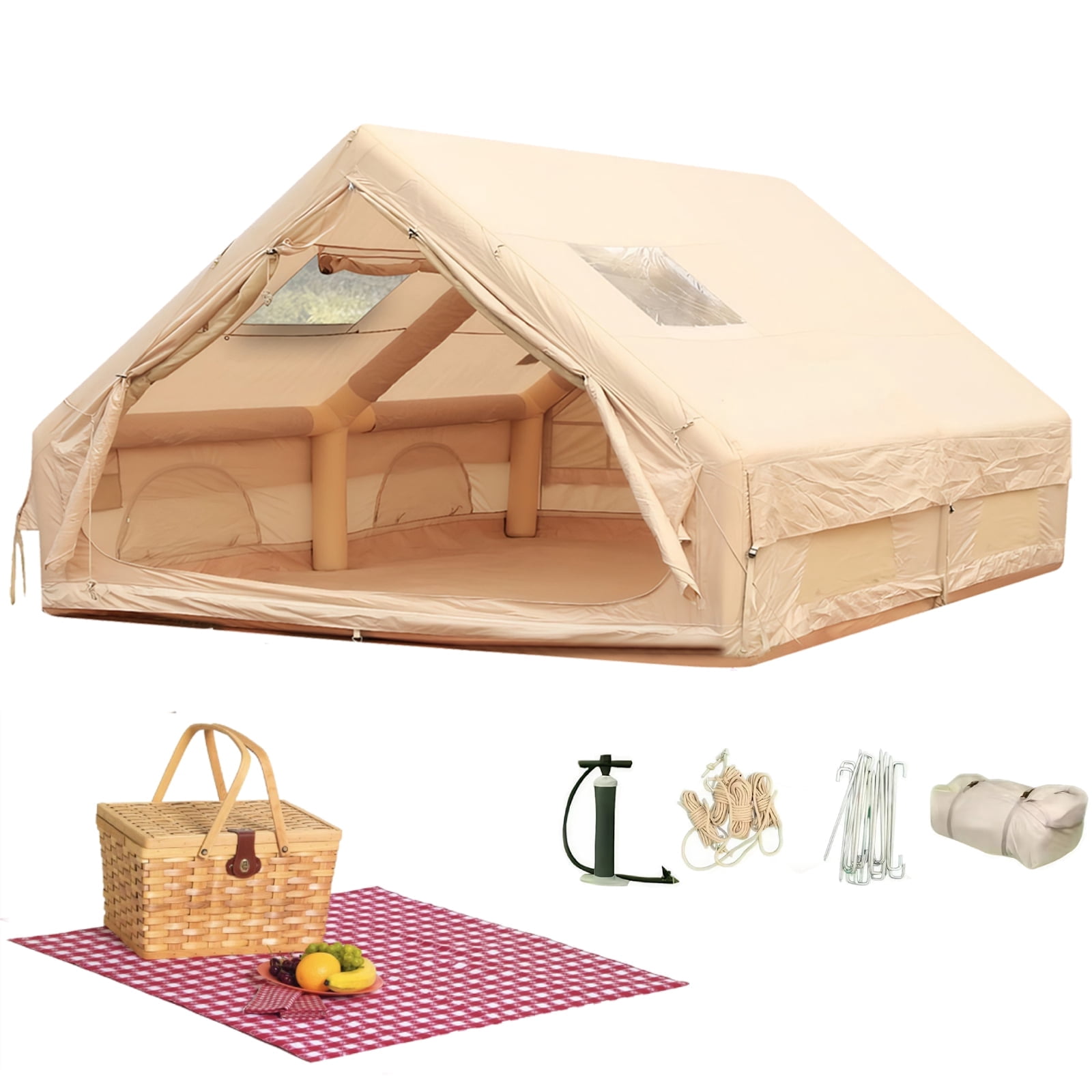 Qiyester Inflatable Camping Tent Waterproof Outdoor Cabin House with Hand Pump Doors Mesh Windows 4 Season 129 sq.ft No Assembly Needed
