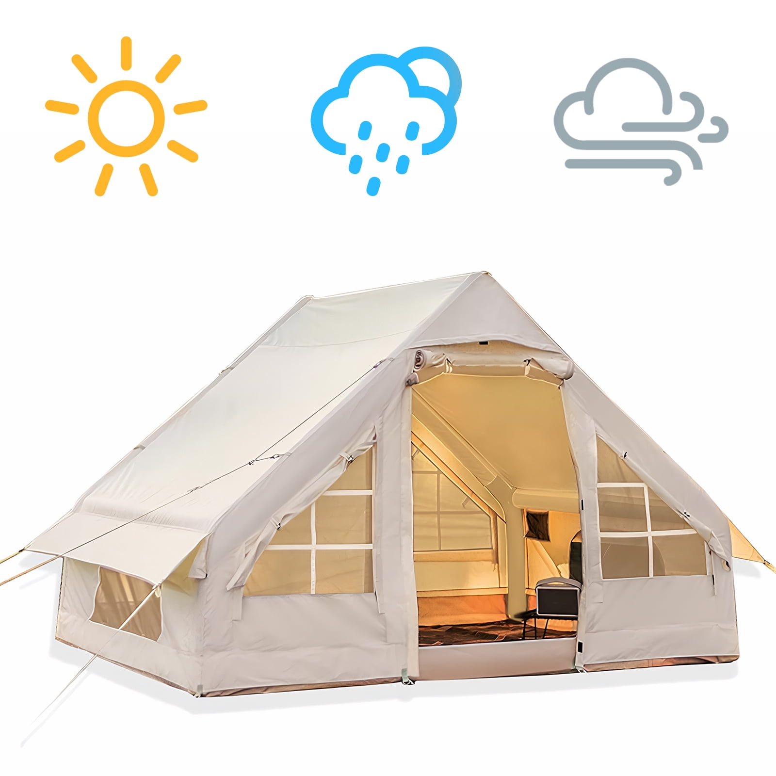 Qiyester Inflatable Tents Easy Setup Waterproof Air Glamping Tents House Breathable UV-Protection with Hand Pump Stove Jack & Mesh Windows Storage Bags for Camping 4-6 Person