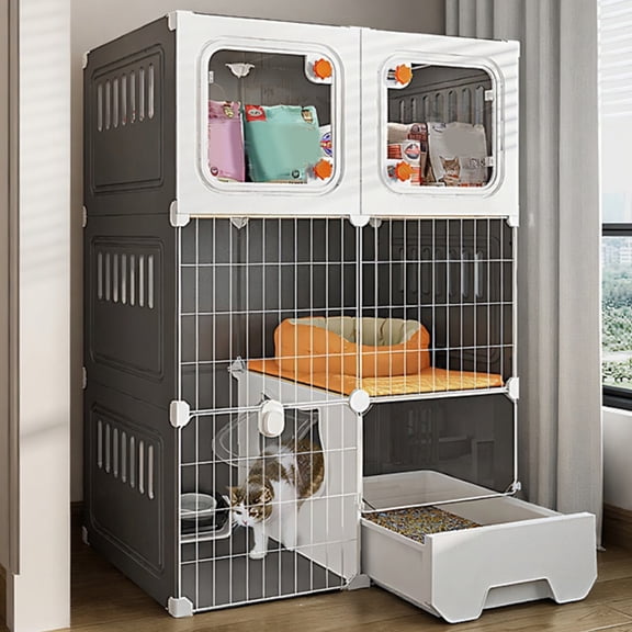 Qiyester Integrated Cat House - Home Indoor Cat Cage with Cat Nest Cat Litter Box One Bedroom One Bathroom Cat Villa Cat House, Grey