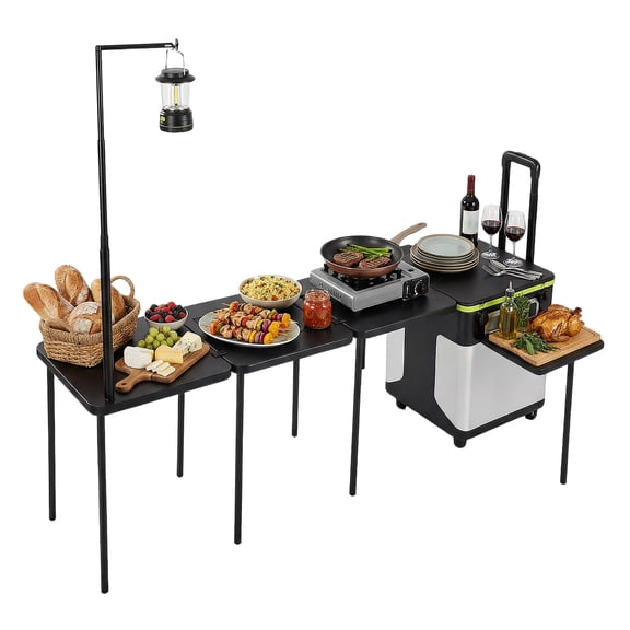 Qiyester Outdoor Mobile Kitchen, Portable Folding Camping BBQ Table with Light Pole and Wheels, Suitable for Outdoor BBQ, Picnics, and RV Camping (Big)