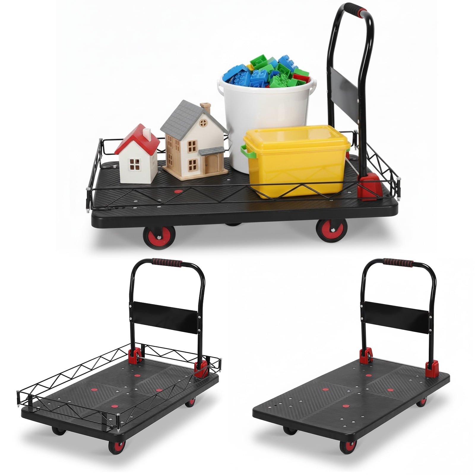 Qiyester Platform Truck Foldable 2 in 1 Large Push Cart Dolly Flat Hand Trucks with Detachable Steel Wire Fence Wheels 2000 LBS Capacity for Gardens, Warehouses, Workshops
